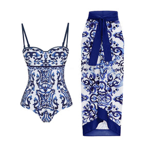 Blue Bikini Printed Fashion One Piece Swimsuit And Cover Up With Skirt Tight Women Bandage Summer Beach Luxury Elegant
