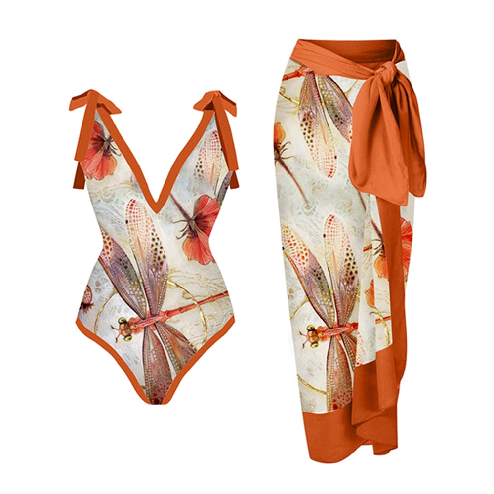 New V-Neck One Piece Swimsuit Set Vintage Print 2022 Woman Fashion Elegance  Luxury Summer Beach Sexy Slim Fit Designer