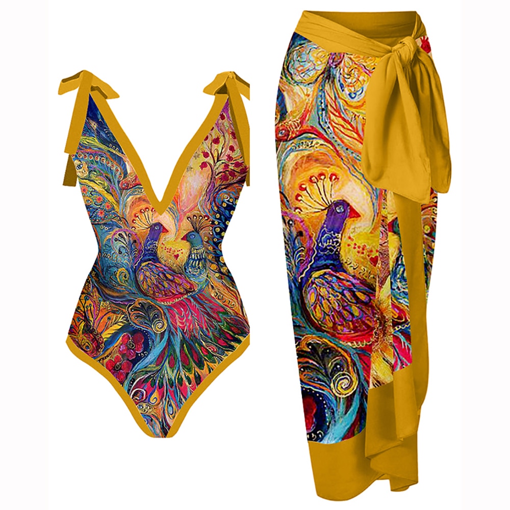 Swimwear 2022 New Retro One-piece Swimsuit and Cover Up Women Bathing Suit Sexy Printed Bikini Deep-v Beachwear Summer Swimming
