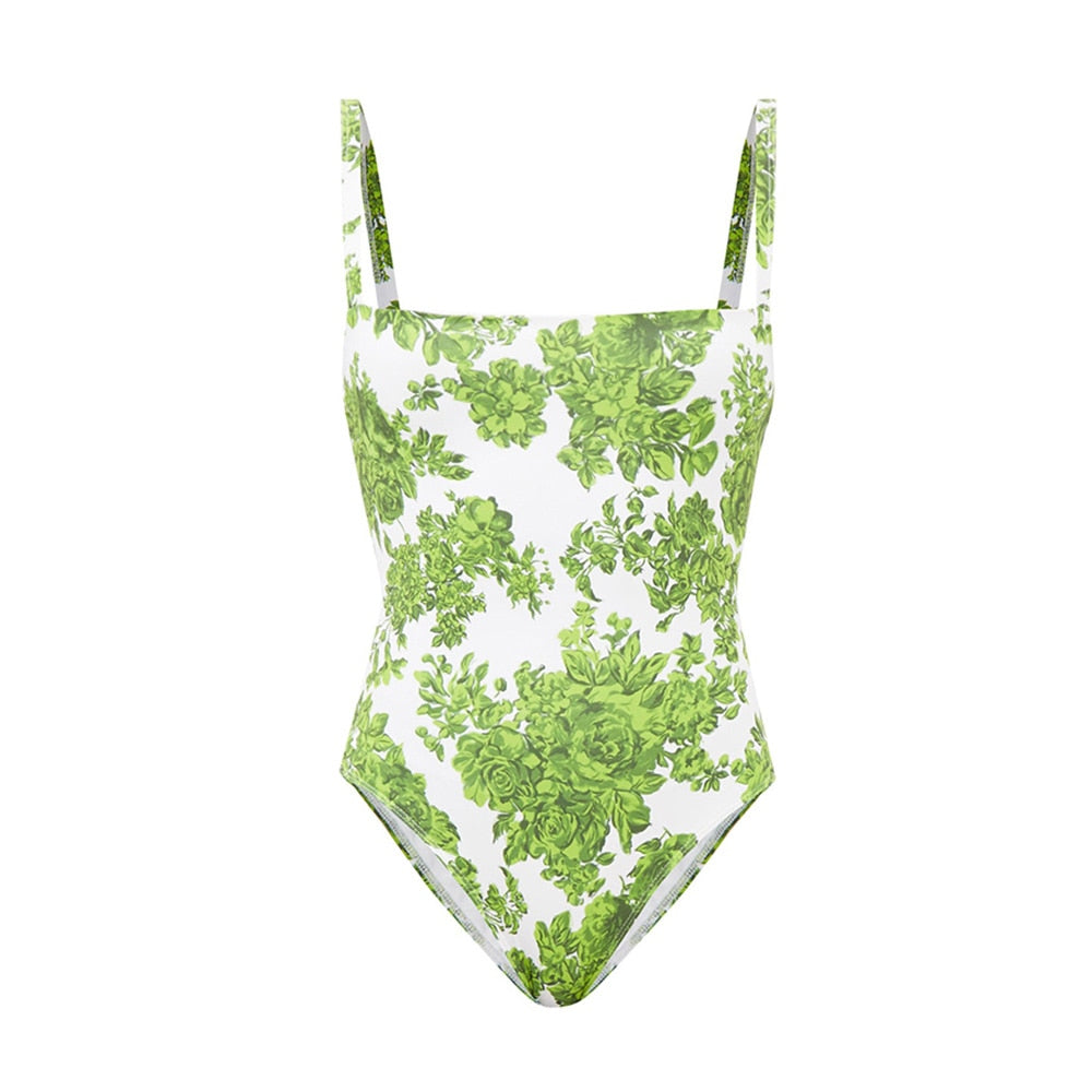 Female Retro Swimsuit Skirt Green Printed Holiday Beach Dress Designer Bathing Suit Summer Surf Wear