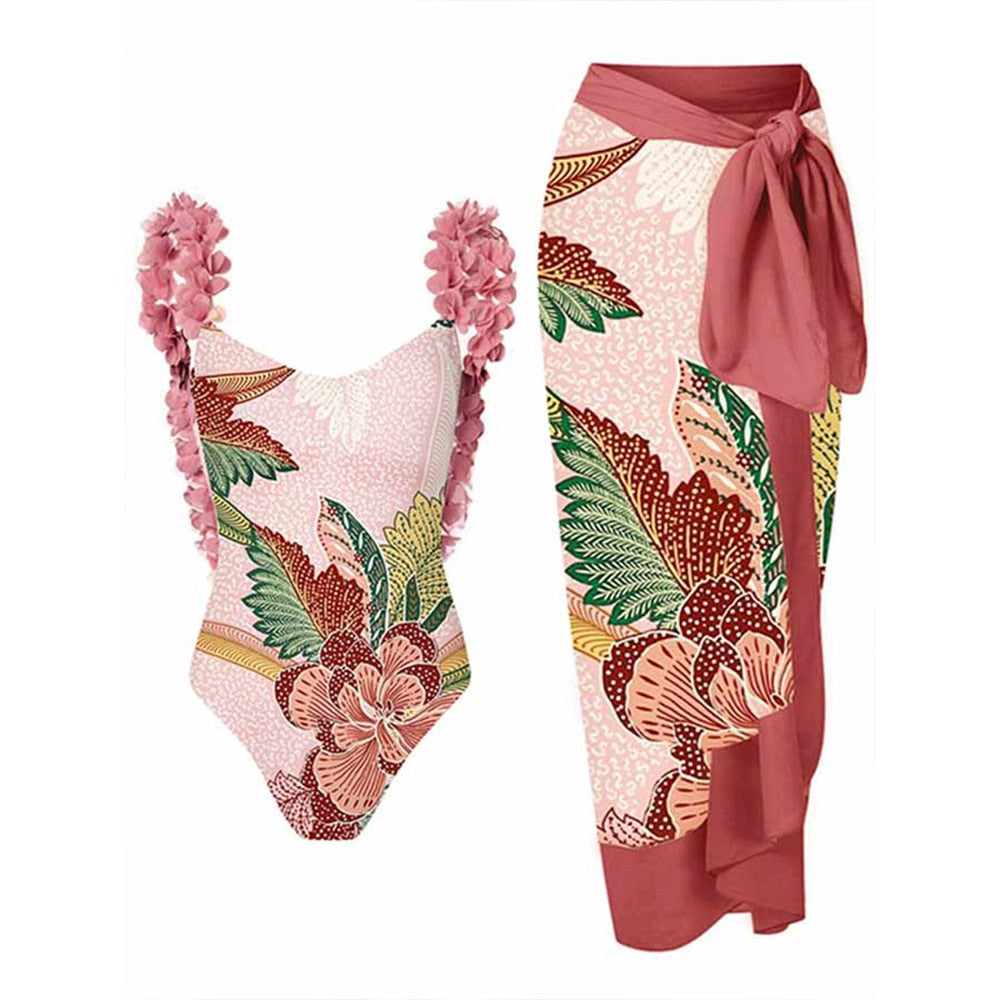 Vintage Floral Colorblock Print One-Piece Swimsuit Holiday Beach Dress Pink Print Designer Bathing Suit Summer Surf Wear