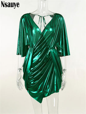 Green Sexy Autumn Winter Short Sleeve Elegant Mini Dresses For Women V Neck Bodycon Dress 2022 Lady Evening Party Club