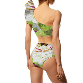 Fashion Ruffle the Shoulder Swimsuit Two Piece Set with Skirt Sexy Printed Bikini High Waist Swimwear Summer Beach Wear Backless