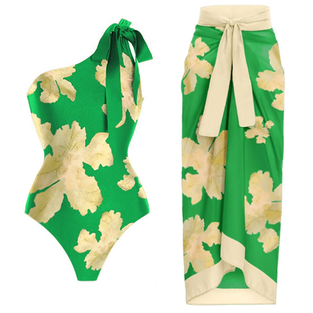 Green Sexy Printed Bikini Set One-piece Swimsuit with Skirt the Shoulder Swimwear Women Lacing Up Bathing Suit Summer Beach Wear