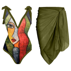 Bikini  Beach Outfits for Women Fashion Green One-piece Swimsuit with Skirt Deep-v Beachwear Sexy Lace Up Swimwear Backless
