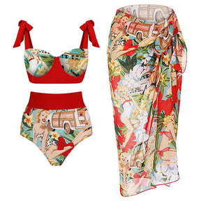 Retro Swimwear Women 2022 Sexy Printed Bikini Red One-piece Swimsuit Bathing Suit Summer Skirt Beach Wear Plus Size Luxury