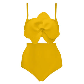 Solid Color Three-Dimensional Flower Bikini Two-Piece High-Waisted Cut Sling Swimsuit Women Fashion Backless Beachwear Push-Ups