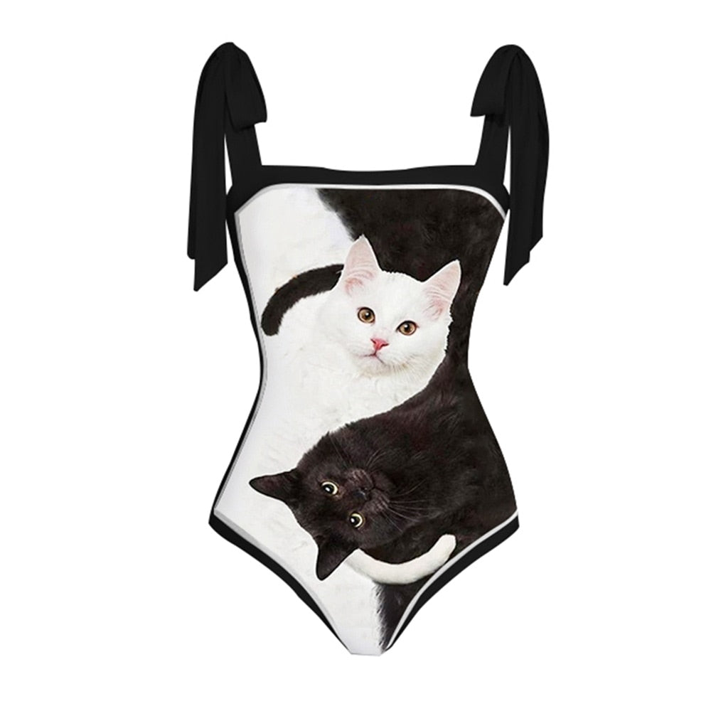 Female Retro Swimwear Holiday Beach Dress Swimsuit with Skirt Cat Printed Desinger Bathing Suit Summer Surf Wear