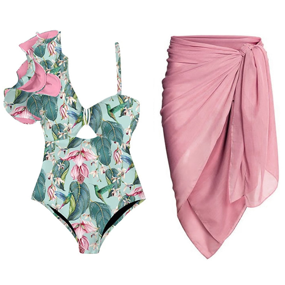 Fashion Print Bikini Ruffle One-piece Swimsuit and Beachwear Deep-v Holiday Beach Dress Summer Bathing Suit Backless Surf Wear