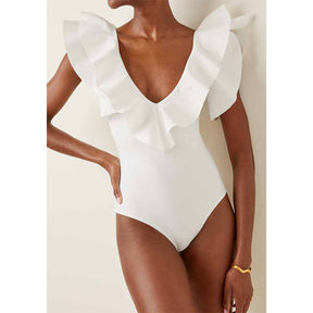 Solid Color Ruffled V-Neck Fashion 2022 New Elegant Backless Holiday One-Piece Swimsuit Slim High Waist Elegant Seamless