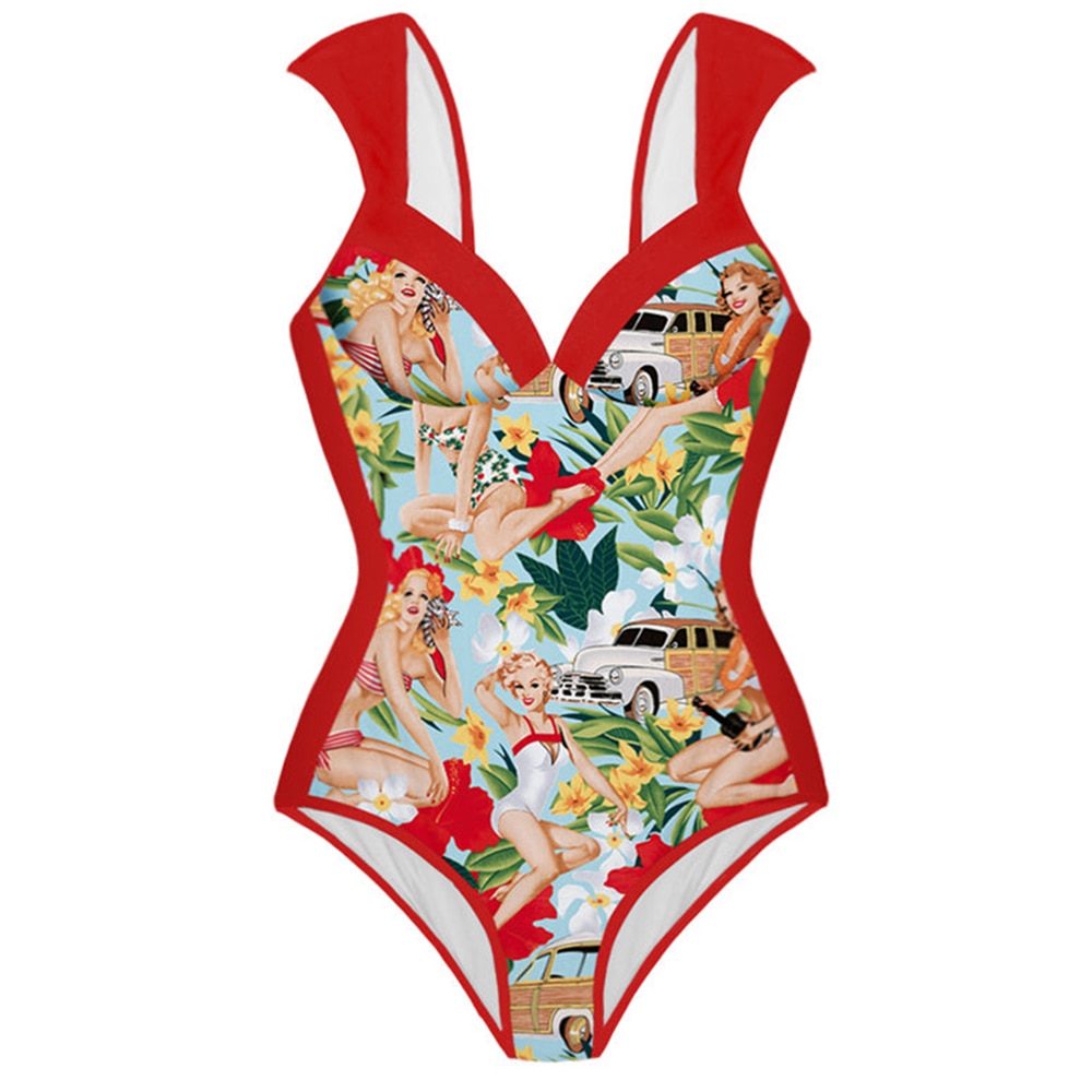 Retro Swimwear Women 2022 Sexy Printed Bikini Red One-piece Swimsuit Bathing Suit Summer Skirt Beach Wear Plus Size Luxury