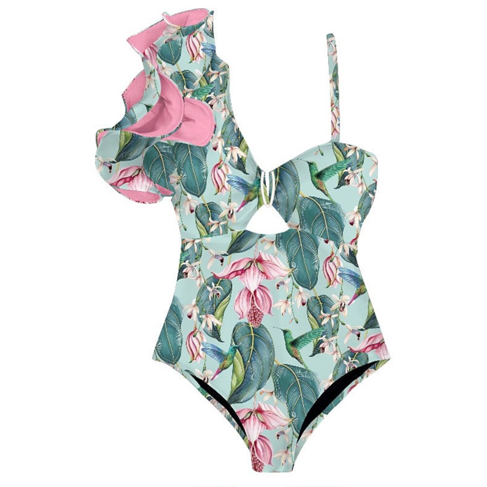 Fashion Print Bikini Ruffle One-piece Swimsuit and Beachwear Deep-v Holiday Beach Dress Summer Bathing Suit Backless Surf Wear