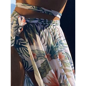 Leaf Printed Sleeveless Bandage Split Bikini + Cover Three-Piece High Waist Cropped Backless Sexy Gathering Pool Wear Women