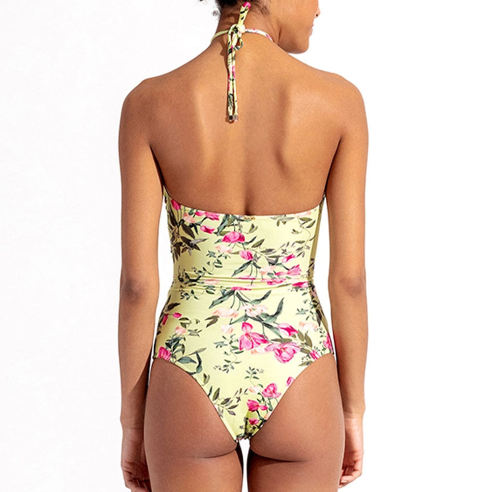 Green Floral Ruffle Three-Piece Swimsuit Triangle Cutout Sexy Bikini High Waist Open Back Beachwear and Chiffon Cover Up