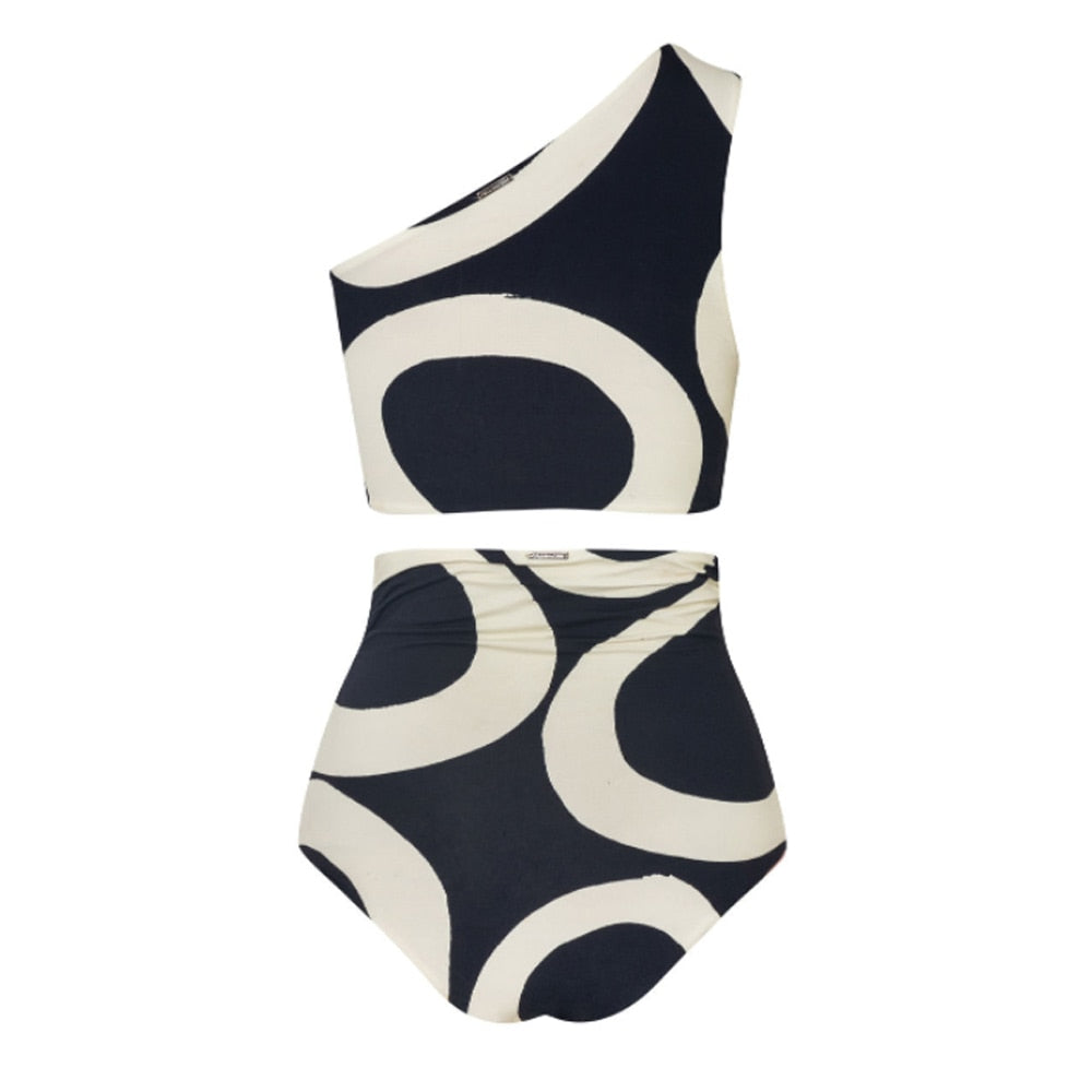 Female Retro Swimsuit 2 Pieces &amp; Skirt Cover Up Asymmetrical Swimwear One Shoulder Beach Dress Vintage Designer Bathing Suit