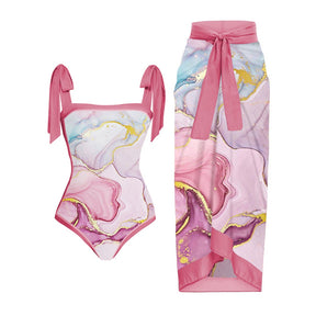 Female Retro Swimsuit Pink Printed Holiday Beachwear Designer Bathing Suit Summer Skirt Surf Wear