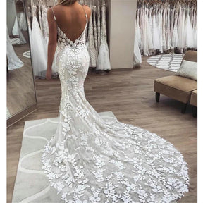 Mermaid Wedding Dresses For Women Lace Applique Lace Backless Sweep Train