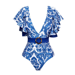 Deep V Ruffle Print Women One Piece Swimsuit with Skirt Swimwear Cover Up Retro Holiday Beach Dress Backless Summer Elegant