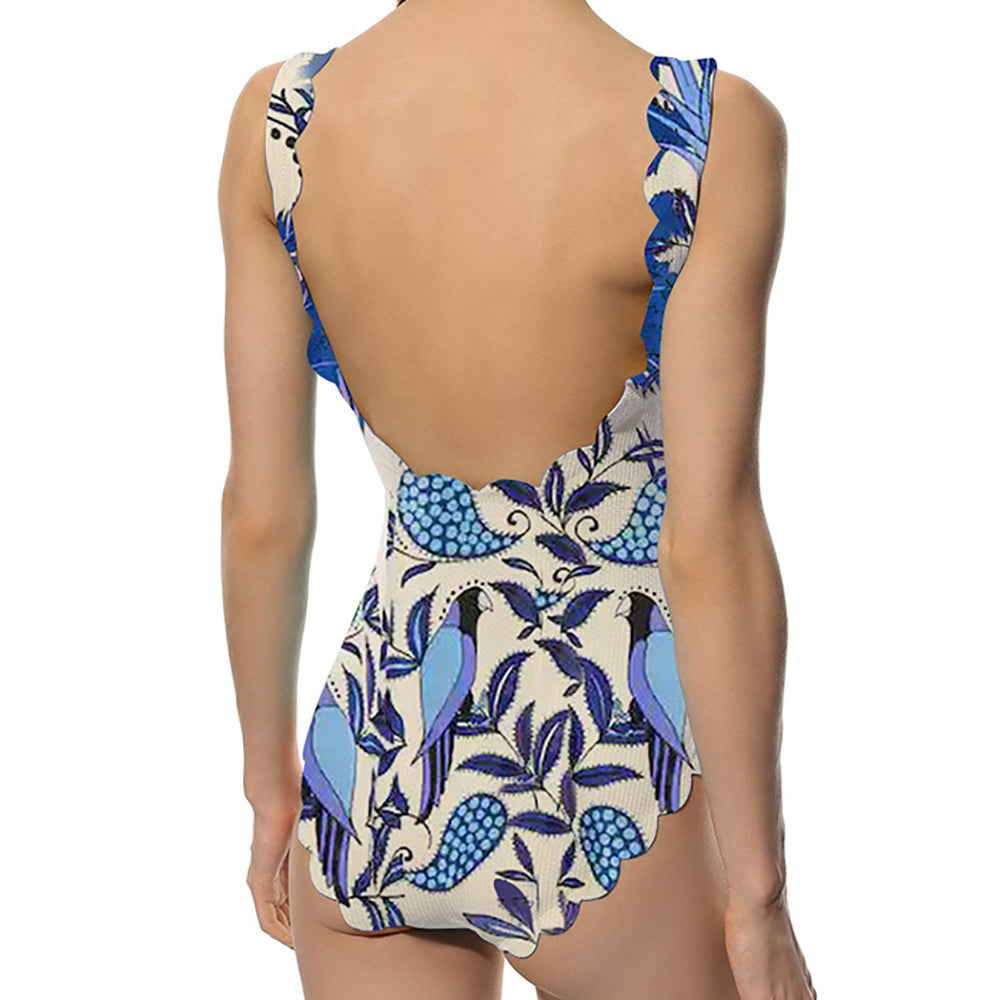 Blue Coconut Print Fashion Swimsuit One Piece Sling Beachwear Push Up High Waist Seamless Patch Bikini Crew Neck Elegant