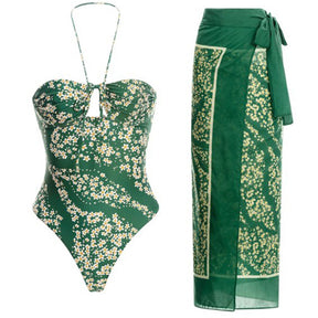 Women One Piece Swimsuit with Skirt Green Halter Print &amp; Coverups Holiday Beach Dress Designer Bathing Suit Surf Wear Summer