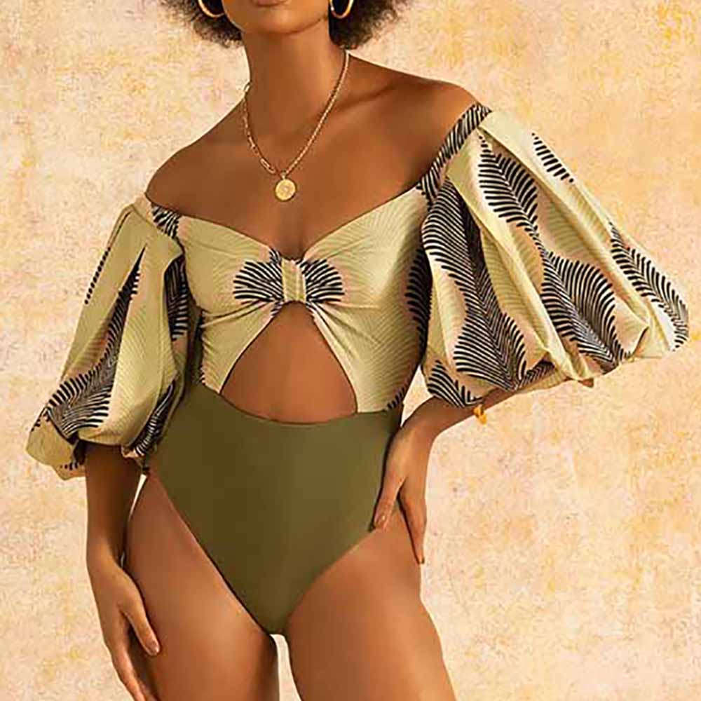 Fashion Short Puff Sleeves Swimsuit and Loose Lantern Pants High Waist Cutout Sexy Bikini 2022 Plus Size Woman Belly Reducer