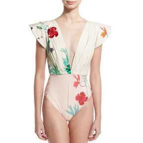 Fashion Flower Print Bikini V-Neck Slim One-Piece Beachwear Seamless Splicing Backless Tie Wide Straps Elegant Swimwear Women