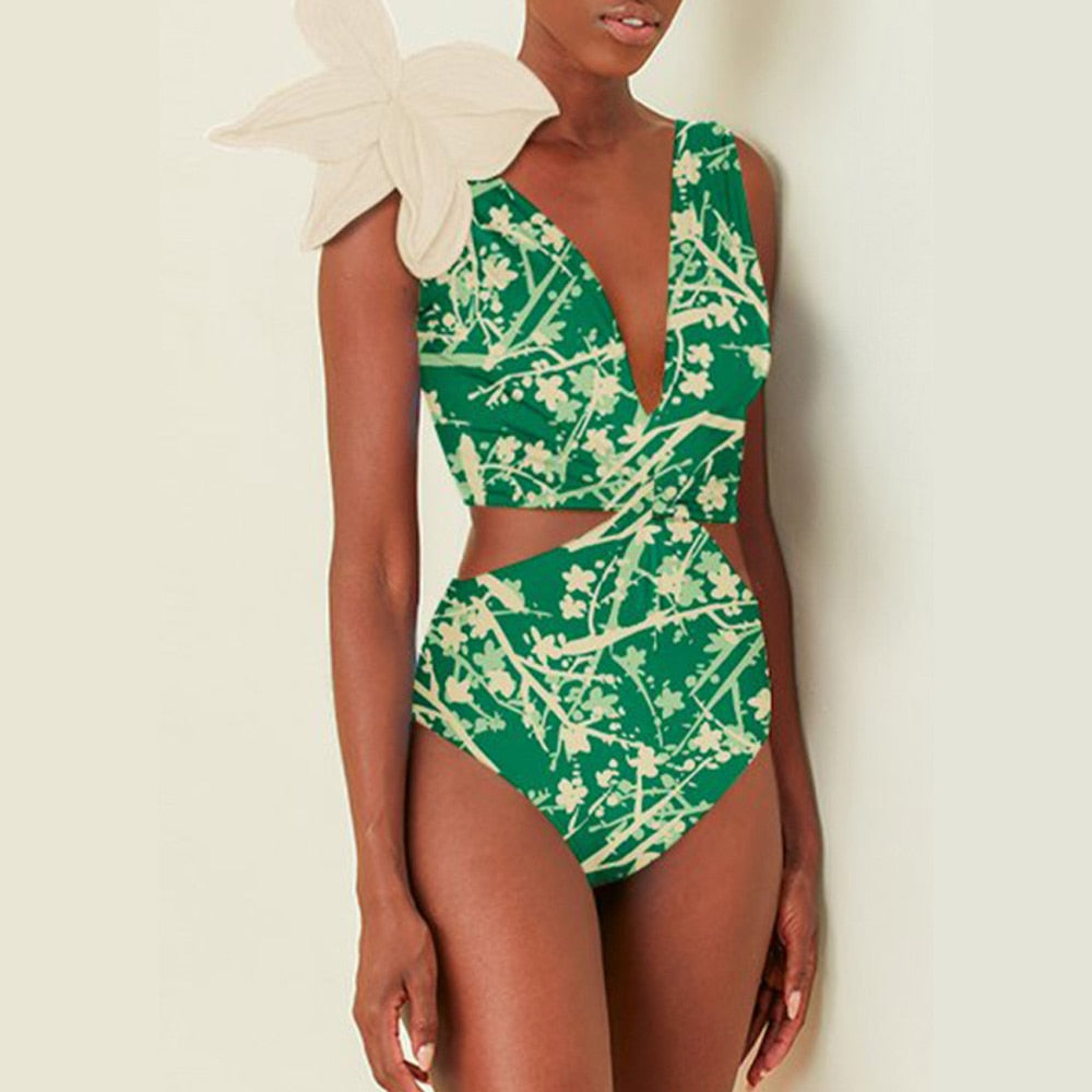 Female Retro Swimsuit Green Holiday Beach Asymmetrical Swimwear Vintage Designer Bathing Suit Summer Surf Wear