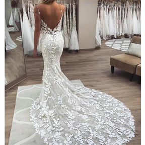 Mermaid Wedding Dresses For Women Lace Applique Lace Backless Sweep Train