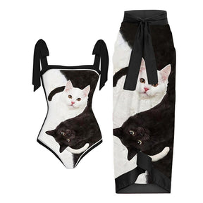 Female Retro Swimwear Holiday Beach Dress Swimsuit with Skirt Cat Printed Desinger Bathing Suit Summer Surf Wear
