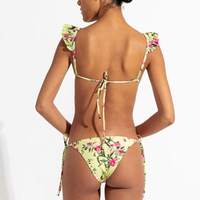 Green Floral Ruffle Three-Piece Swimsuit Triangle Cutout Sexy Bikini High Waist Open Back Beachwear and Chiffon Cover Up