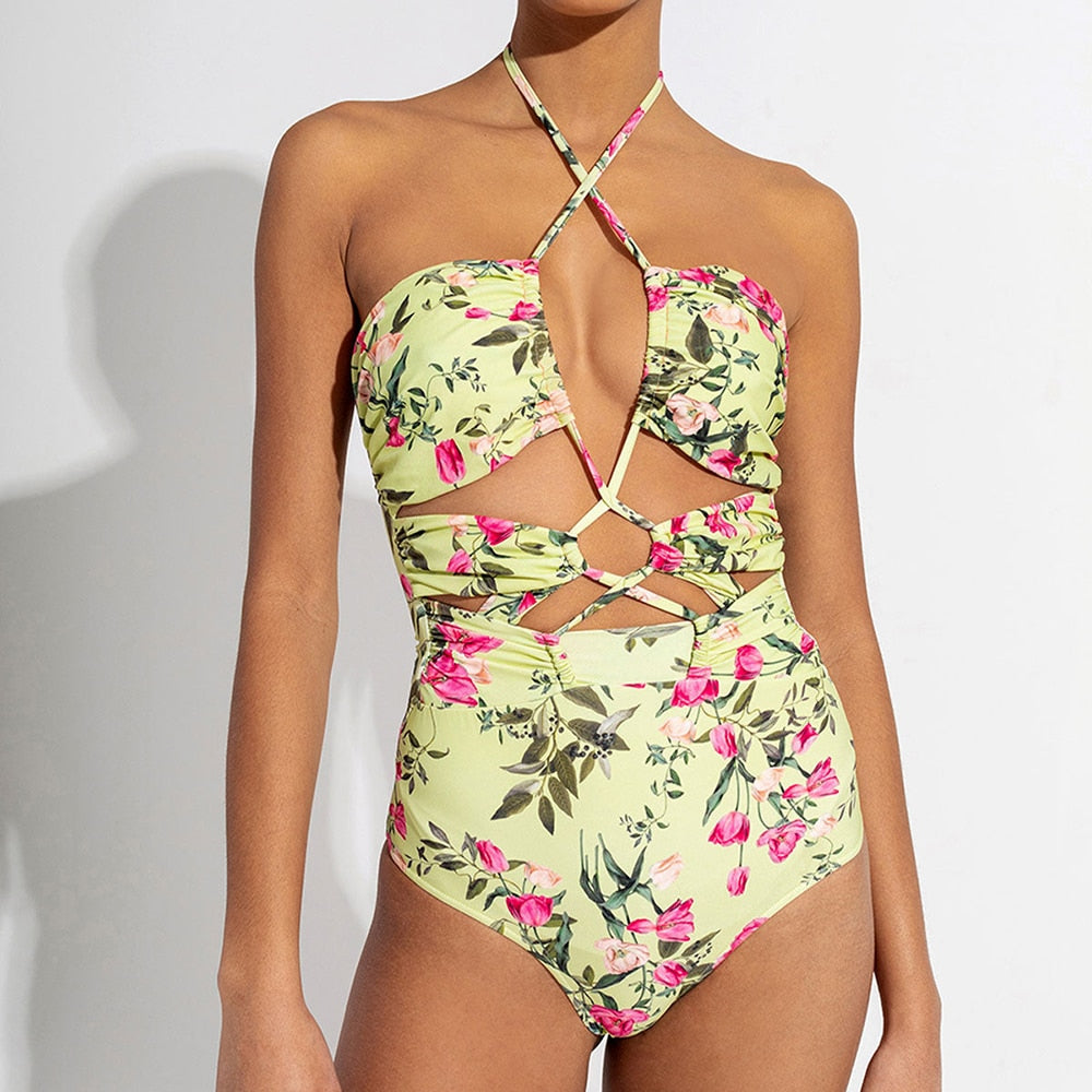 Green Floral Ruffle Three-Piece Swimsuit Triangle Cutout Sexy Bikini High Waist Open Back Beachwear and Chiffon Cover Up