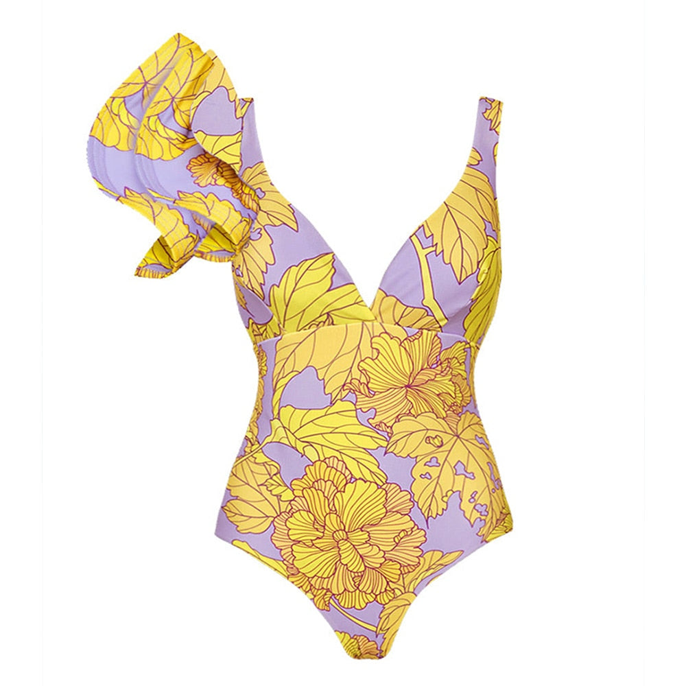 Women Fashion Colorblock Holiday Beach Dress Yellow Asymmetrical Swimwear Printed Petal Trim One Piece Swimsuits and Cover-Ups
