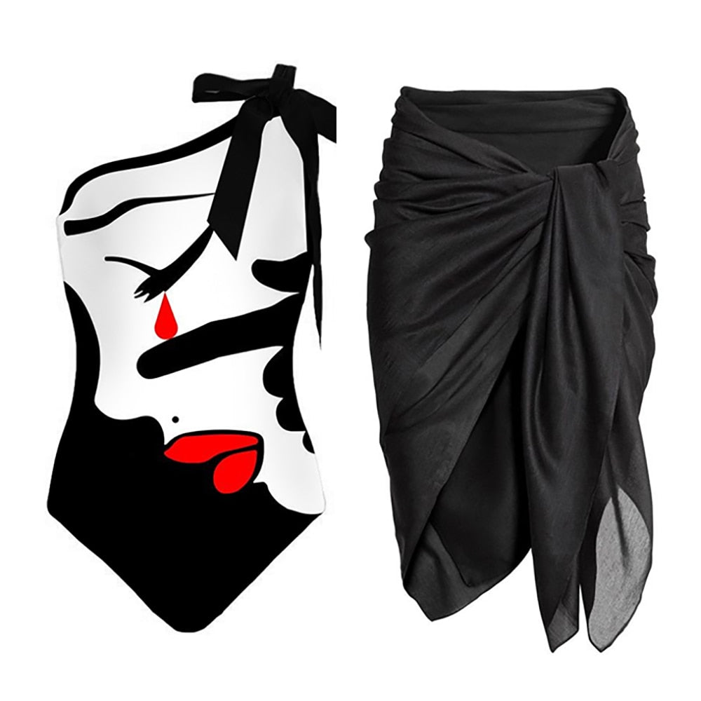 Black One-Shoulder Face Mood Print Swimsuit One Piece Slim Sexy Bikini Suit High Waist Seamless Patchwork Beachwear 2022 Fashion