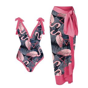 Female Retro Swimsuit Flamingo Print Skirt Holiday Beach Dress Designer Bathing Suit Summer Surf Wear
