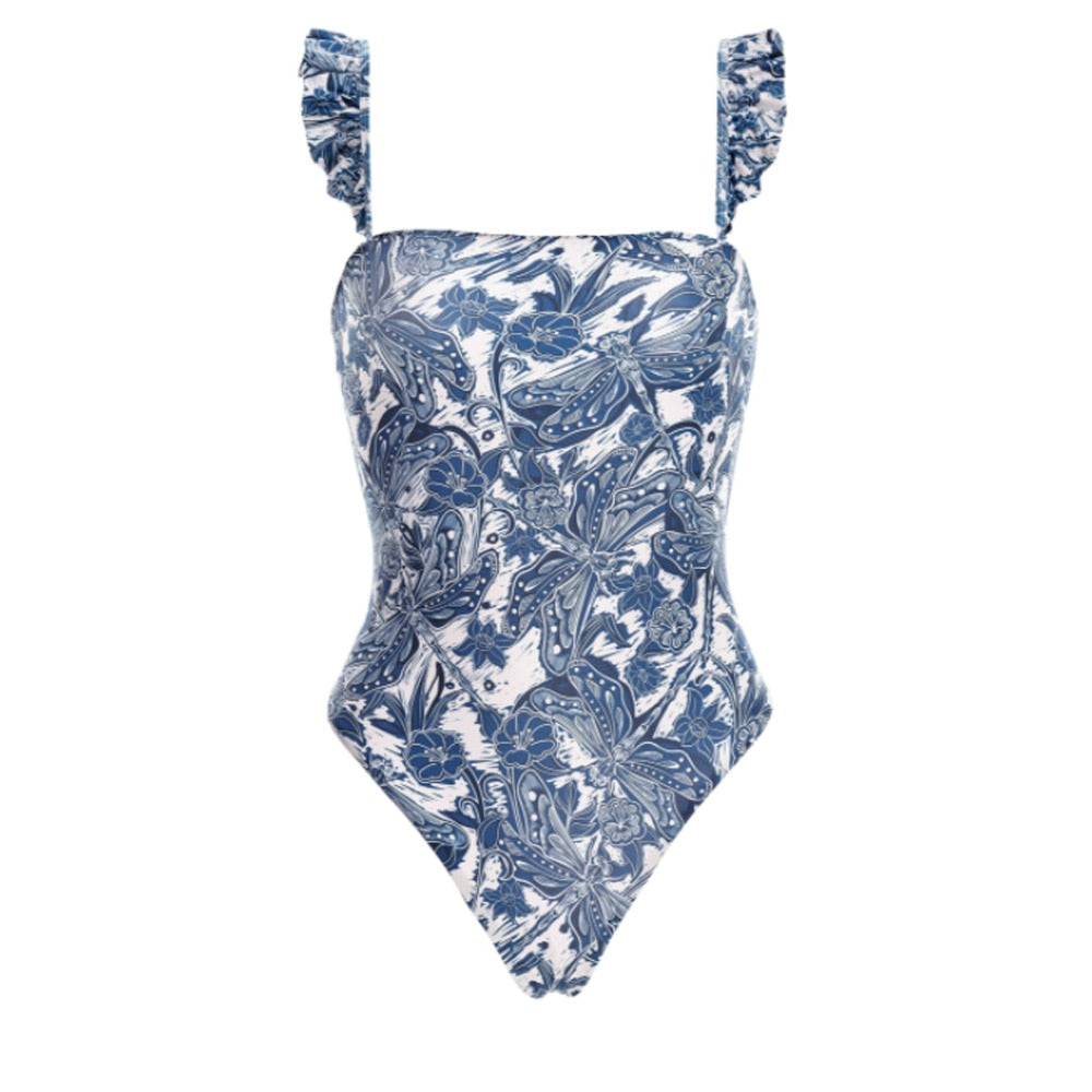 Female Retro Swimsuit Blue Print Holiday Beach Dress Designer Bathing Suit Vintage Summer Surf Wear Women