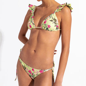 Green Floral Ruffle Three-Piece Swimsuit Triangle Cutout Sexy Bikini High Waist Open Back Beachwear and Chiffon Cover Up