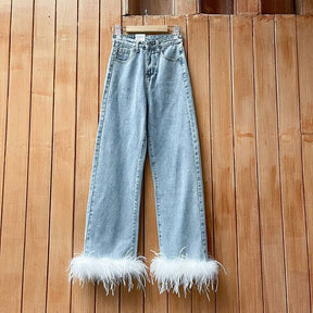 Feather Trim Denim Jeans Ostrich Feather Trousers Jeans Female Pants High Waist Feather Jeans for Women Casual High Street