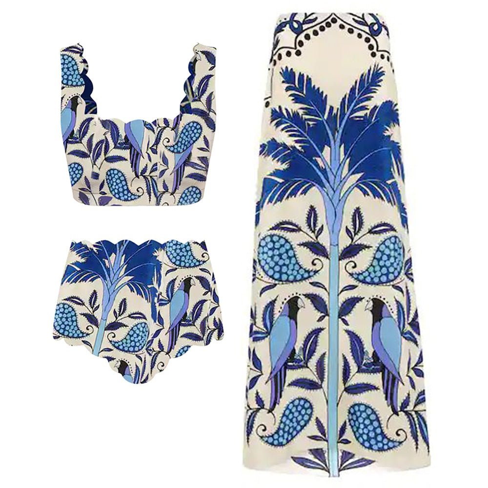 Blue Coconut Print Fashion Swimsuit One Piece Sling Beachwear Push Up High Waist Seamless Patch Bikini Crew Neck Elegant