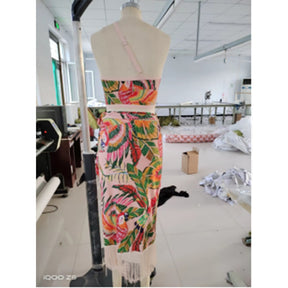 Vintage One-Shoulder Embroidered Print Bikini And Fringe Skirt 2022 New Fashion Chic High Waist Cut Elegant Beachwear Push-Ups