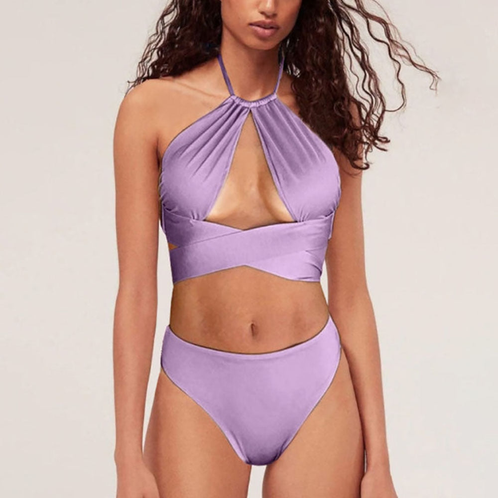 Purple Cross Strap Halter Bikini Suit Sexy Cutout Backless Swimsuit Women&#39;s Chic Elegant Beachwear Push-Ups Pool Wear Fashion