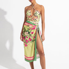 Green Floral Ruffle Three-Piece Swimsuit Triangle Cutout Sexy Bikini High Waist Open Back Beachwear and Chiffon Cover Up