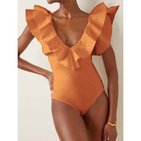 Solid Color Ruffled V-Neck Fashion 2022 New Elegant Backless Holiday One-Piece Swimsuit Slim High Waist Elegant Seamless