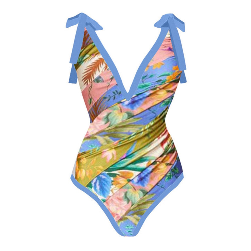 Deep V Vintage Print One Piece Swimsuit Set Elegant Cutout Strap Swimwear Holiday Beach Dress High Waist Beachwear Push-Up