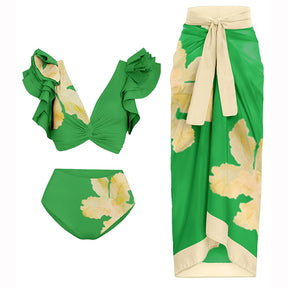 Vintage Bathing Suit deep V Ruffled Floral Print Bikini Set One-piece Swimsuit Skirt Women Swimming Lacing Up Beachwear