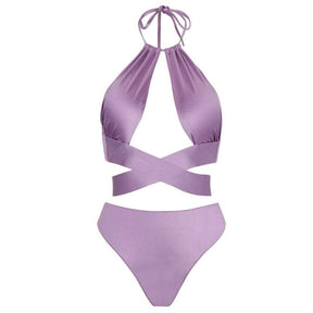 Purple Cross Strap Halter Bikini Suit Sexy Cutout Backless Swimsuit Women&#39;s Chic Elegant Beachwear Push-Ups Pool Wear Fashion