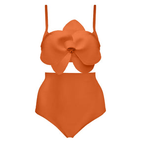 Solid Color Three-Dimensional Flower Bikini Two-Piece High-Waisted Cut Sling Swimsuit Women Fashion Backless Beachwear Push-Ups