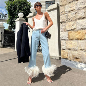 Feather Trim Denim Jeans Ostrich Feather Trousers Jeans Female Pants High Waist Feather Jeans for Women Casual High Street