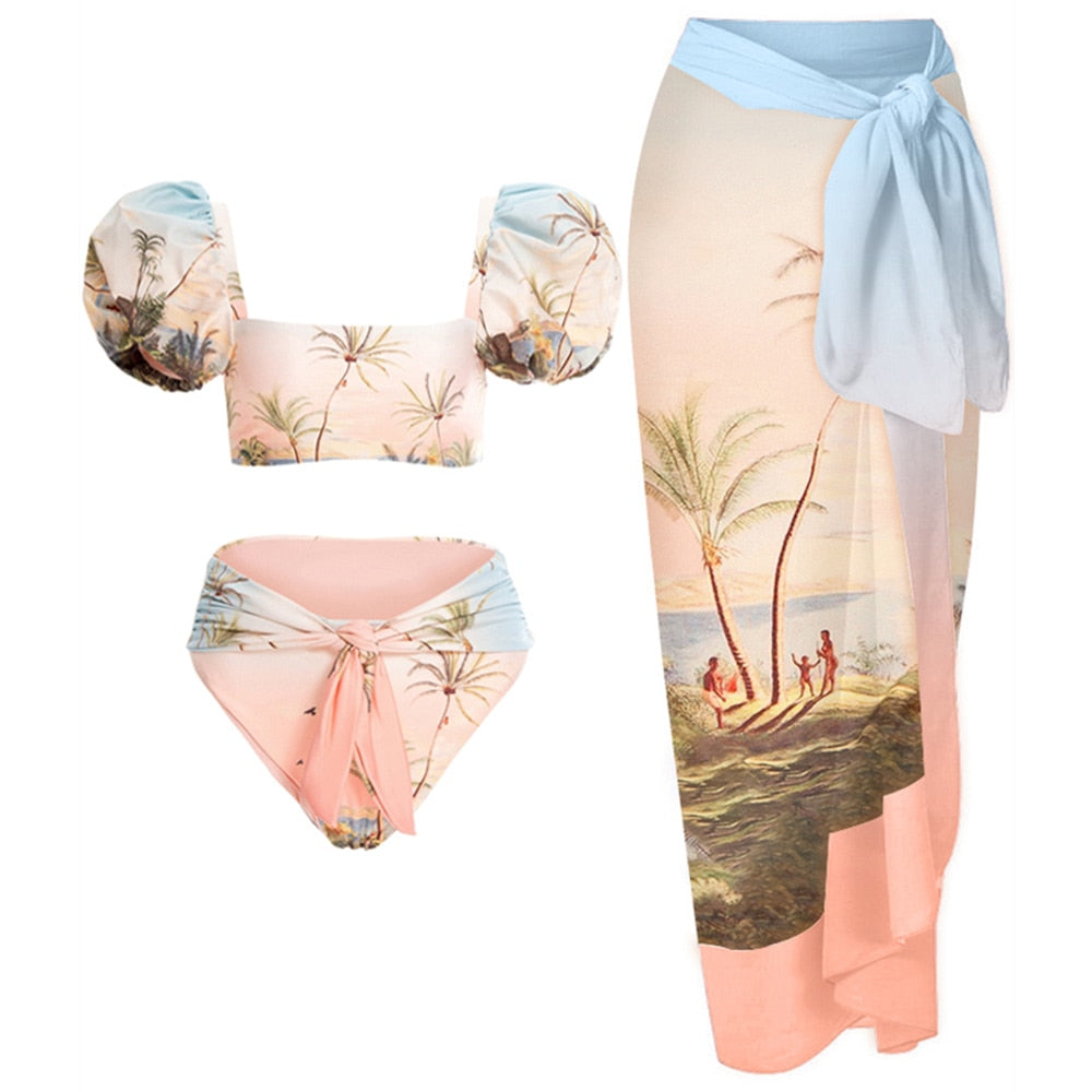 Female Retro Swimsuit 2 Pieces With Skirt High Waist Holiday Beach Dress Vintage Gradient Print Puff Sleeve Bikini Set Summer