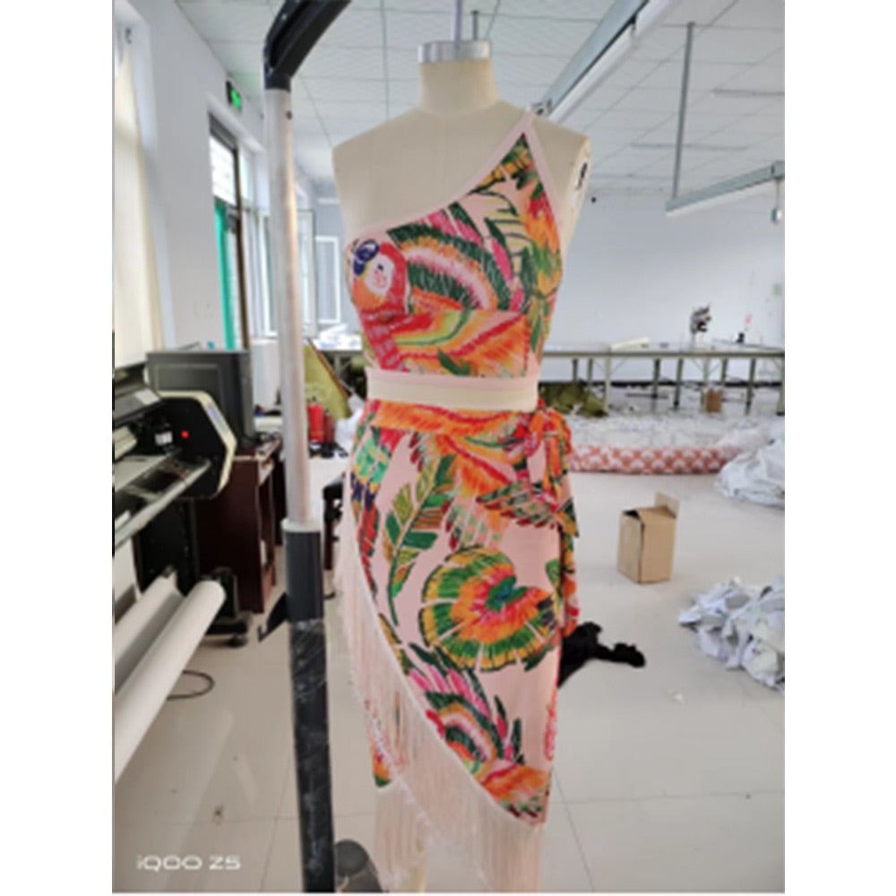 Vintage One-Shoulder Embroidered Print Bikini And Fringe Skirt 2022 New Fashion Chic High Waist Cut Elegant Beachwear Push-Ups