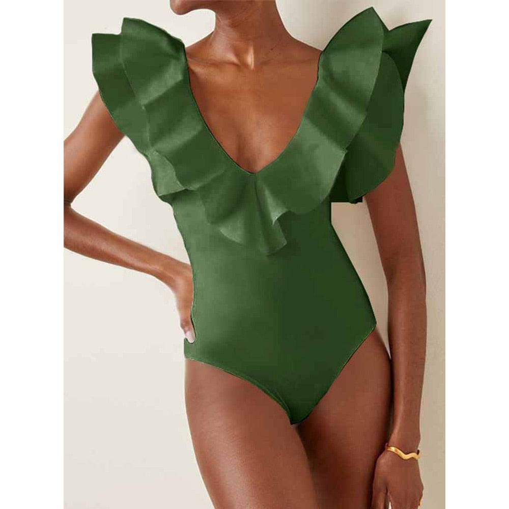 Solid Color Ruffled V-Neck Fashion 2022 New Elegant Backless Holiday One-Piece Swimsuit Slim High Waist Elegant Seamless